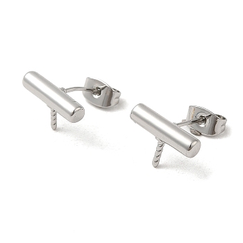 Column Brass Stud Earring Findings, with 925 Sterling Silver Pins, for Half Drilled Beads, Real Platinum Plated, 8x13mm, Pin: 12x0.8mm and 1mm(for Half Drilled Beads)