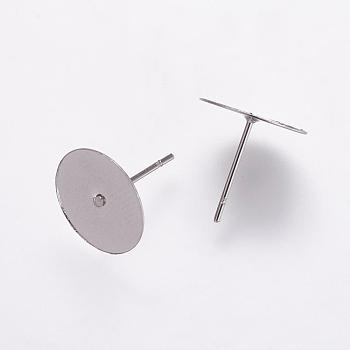 304 Stainless Steel Stud Earring Settings, Flat Pad Earring Post, Flat Round, Stainless Steel Color, Tray: 12mm, 12x12mm, Pin: 0.7mm