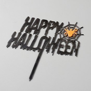 Acrylic Spider & Halloween Word Cake Insert Card Decoration, for Halloween Cake Decoration, Black, 155x120x1mm
