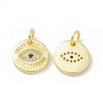 Rack Plating Brass Micro Pave Cubic Zirconia Charms, Long-Lasting Plated, Lead Free & Cadmium Free, with Jump Ring, Flat Round with Evil Eye Charm, Real 18K Gold Plated, 11x11x2mm, Hole: 3mm