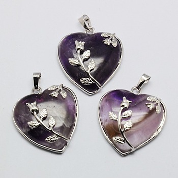 Heart Natural Amethyst Pendants, with Platinum Plated Brass Pendant Settings, 36x31~33mm, Hole: 6mm