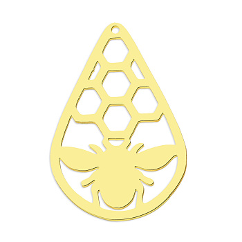201 Stainless Steel Pendants, Laser Cut, Vacuum Plating, Teardrop with Bee, Golden, 36.5x24.5x1mm, Hole: 1.6mm