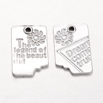 Rectangle Alloy Pendants, with Word The Legend of the Beautiful, Matte Silver, 22x14x2mm, Hole: 2mm