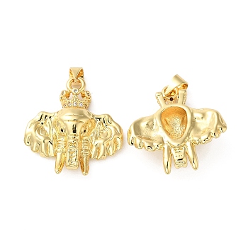 Rack Plating Brass Pave Cubic Zirconia Pendants, Lead Free & Cadmium Free, Long-Lasting Plated, Elephant Head Charm, Real 18K Gold Plated, 25x23x9mm, Hole: 4x3.5mm