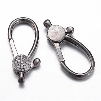 Brass Micro Pave Cubic Zirconia Lobster Claw Clasps, Gunmetal, 36x16x6mm, Hole: 3.5x2.5mm