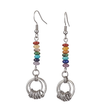 Chakra Synthetic & Natural Gemstone Dangle Earrings, Ring 304 Stainless Steel Earring for Women, 60x14.5mm