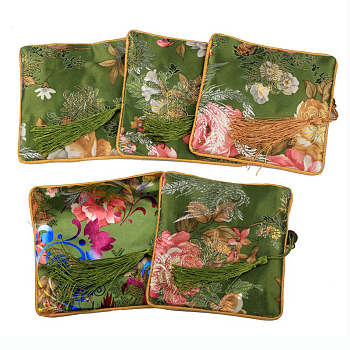 Retro Square Cloth Zipper Pouches, with Tassel and  Flower Pattern, Dark Olive Green, 11.5x11.5cm