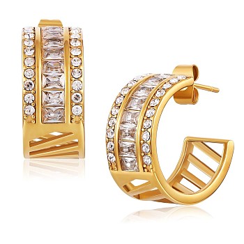 Cubic Zirconia C-shape Stud Earrings, Gold Plated 430 Stainless Steel Half Hoop Earrings for Women, Clear, 20x9mm, Pin: 1mm