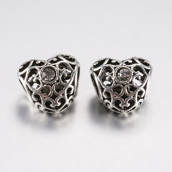 Tibetan Style Alloy Rhinestone European Beads, Large Hole Beads, Heart, Antique Silver, Clear, 12x12.5x10mm, Hole: 5mm