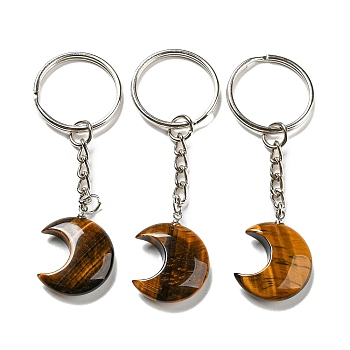 Reiki Natural Tiger Eye Moon Pendant Keychains, with Iron Keychain Rings, 7.8cm