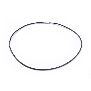 Rubber Necklace Cord with Brass Findings, Black, about 2mm in diameter, 17 inch long