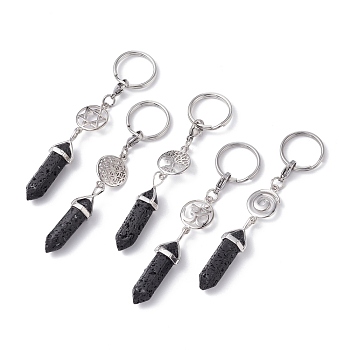 Natural Lava Rock Keychain, with 304 Stainless Steel Jump Rings, Lobster Claw Clasps, Key Rings, Bullet, 9cm
