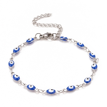 Enamel Horse Eye Link Chains Bracelet, 304 Stainless Steel Jewelry for Women, Stainless Steel Color, Blue, 6-3/4 inch(17.1cm)