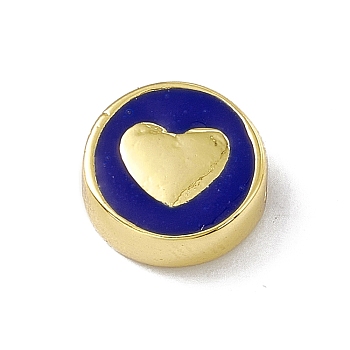 Brass Enamel Beads, Long-Lasting Plated, Cadmium Free & Lead Free, Real 18K Gold Plated, Flat Round with Heart, Blue, 11x4.5mm, Hole: 1.8mm