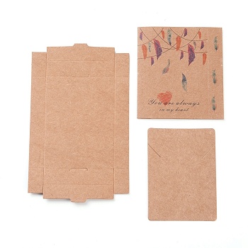 Kraft Paper Boxes and Necklace Jewelry Display Cards, Packaging Boxes, with Feather Pattern, BurlyWood, Folded Box Size: 7.3x5.4x1.2cm, Display Card: 7x5x0.05cm