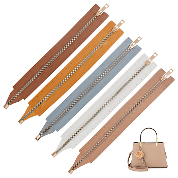 WADORN 5Pcs 5 Colors Alloy Zipper, with PU Leather Frame, for Crochet Purse Making, Mixed Color, 35.5x4.5x0.25cm, 1pc/color