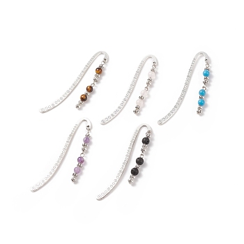 Tibetan Style Alloy Bookmarks/Hairpins, Pendant Book Markers, with Gemstone Round Beads, 83x14x1.5mm