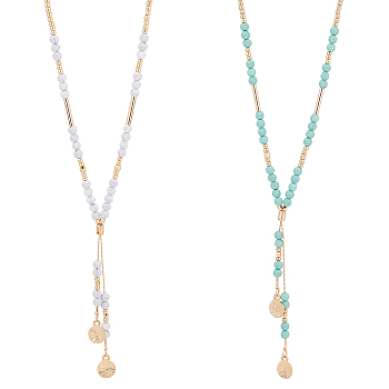 ANATTASOUL 2Pcs 2 Colors Glass Beaded Lariat Necklaces Set with Alloy Coreana Chain, Flat Round Pendants Slider Necklaces for Women, Mixed Color, 18.11 inch(46cm), 1Pc/color