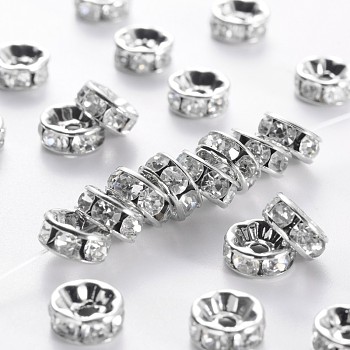 Middle East Rhinestone Spacer Beads, Clear, Brass, Platinum Metal Color, Nickel Free, Size: about 8mm in diameter, 3.8mm thick, hole: 1.5mm