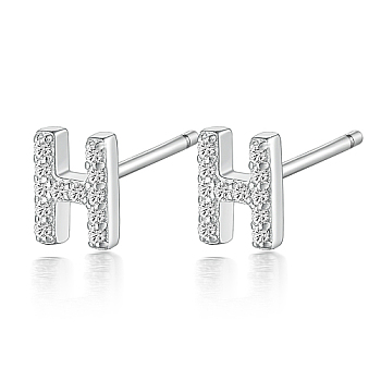 Rhodium Plated 925 Sterling Silver Initial Letter Stud Earrings, with Cubic Zirconia, Platinum, Letter H, 5x5mm