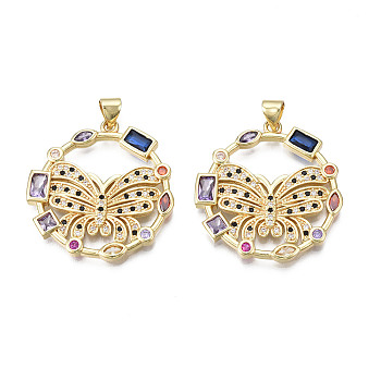Brass Micro Pave Cubic Zirconia Pendants, with Brass Snap on Bails, Nickel Free, Real 18K Gold Plated, Ring with Butterfly, Colorful, 29x28x3mm, Hole: 3x5mm