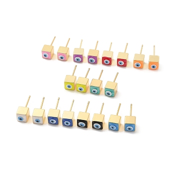 Long-Lasting Plated Cube with Enamel Evil Eye Stud Earring, Real 18K Gold Plated Brass Jewelry for Women, Mixed Color, 6x6mm, Pin: 0.8mm