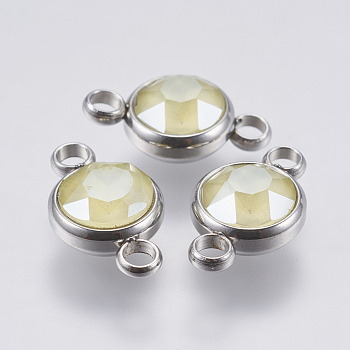 K9 Glass Links connectors, Faceted, with 304 Stainless Steel Findings, Flat Round, Stainless Steel Color, Yellow, 17.5x10x6mm, Hole: 2.5mm