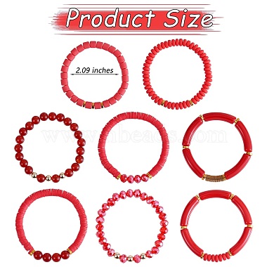 8Pcs 8 Style Natural Red Agate & Glass & Polymer Clay Heishi Surfer Stretch Bracelets Set(BJEW-SW00083)-7