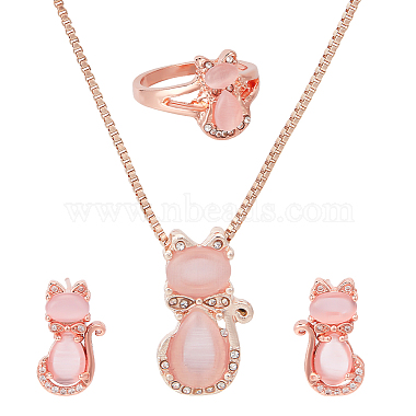 Pink Cat Shape Brass Earrings & Necklaces & Rings