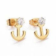 Anchor 304 Stainless SteelStud Earrings, with 316 Stainless Steel Pin & Glass Imitation Cubic Zirconia, Golden, 12.5x9mm, Pin: 0.7mm(EJEW-C019-07G)