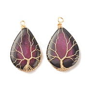 Natural Crackle Agate Pendants, Dyed, with Golden Tone Eco-Friendly Copper Wire Wrapped, Teardrop with Tree, Orchid, 49~52x31~32x9~11mm, Hole: 3.2~3.8mm(PALLOY-JF01527-02)