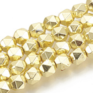 Electroplate Non-magnetic Synthetic Hematite Beads Strands, Star Cut Round Beads, Faceted, Golden Plated, 5x5.5mm, Hole: 1mm, about 67pcs/strand, 15.55 inch(G-N0322-15G)