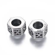 304 Stainless Steel European Beads, Large Hole Beads, Hexagon, Antique Silver, 8~9.5x5.5mm, Hole: 4.5mm(STAS-G204-22AS)