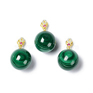 Natural Malachite Pendants, Round Charms, with Golden Plated 925 Sterling Rhinestone Clasps, 19.5x16mm, Hole: 1.6x4.3mm(G-C033-05G)