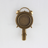 Antique Bronze Clock Shaped Iron Alligator Hair Clip Findings, with Flat Round Alloy Cabochon Bezel Settings, Nickel Free, 59mm, Tray: 20mm(PALLOY-N0086-73AB-NF)