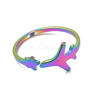 Ion Plating(IP) 304 Stainless Steel Star & Airplane Open Cuff Ring for Women, Rainbow Color, US Size 6(16.5mm)(RJEW-M149-12RC)