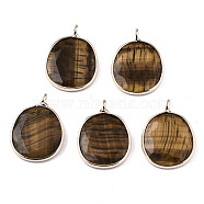 Natural Tiger Eye Pendants, Light Gold Tone Brass Edge, Faceted, Oval, 22x16x3mm, Hole: 2mm(G-T131-108)