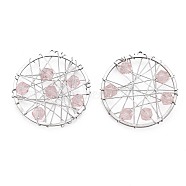 201 Stainless Steel Pendants, with Faceted Pink Glass Beads, Wire Wrapped, Flat Round, Stainless Steel Color, 26.5x25.5x4.5mm, Hole: 1mm(STAS-S057-42)