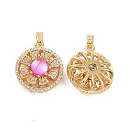 Rotatable Brass Micro Pave Cubic Zirconia Pendants, with Orchid Glass, Flat Round with Flower Charms, Real 18K Gold Plated, 20x17x8mm, Hole: 2.5x4.5mm(KK-E068-VC292)