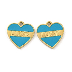 316 Surgical Stainless Steel Enamel Charms, Heart with Word Luck Charm, Golden, Deep Sky Blue, 12.5x12x1.5mm, Hole: 1.5mm(STAS-M073-44G)