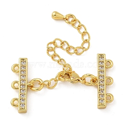 Rack Plating Brass Micro Pave Cubic Zirconia Chain Extender, Necklace Layering Clasps, with 3-Strand 6-Hole Cord Ends and Lobster Claw Clasp, Long-Lasting Plated, Cadmium Free & Lead Free, Real 18K Gold Plated, 70x19x3mm, Hole: 1.2mm(KK-A234-029A-G)