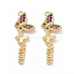Mother's Day Brass Micro Pave Colorful Cubic Zirconia Connector Charms, Butterfly Links with Word Mom, Golden, 39x14x3mm, Hole: 1.5mm(ZIRC-I062-08G)