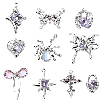 Rack Plating Alloy Pendants, with Glass Rhinestone and ABS Plastic Imitation Pearl, Resin, Mixed Shapes, Lilac, 18~30x12~27x3~7mm, Hole: 1~4.5mm, 1pc/style