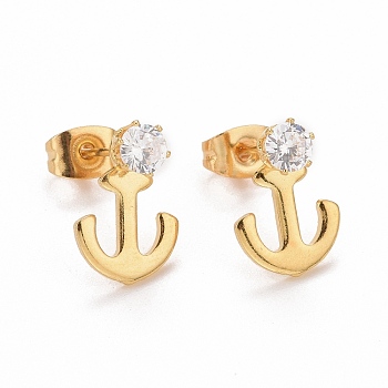 Anchor 304 Stainless SteelStud Earrings, with 316 Stainless Steel Pin & Glass Imitation Cubic Zirconia, Golden, 12.5x9mm, Pin: 0.7mm
