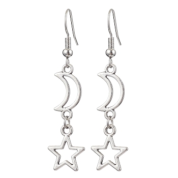 Moon & Star Hollow Alloy Dangle Earrings for Women, Platinum, 50x12mm