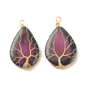 Natural Crackle Agate Pendants, Dyed, with Golden Tone Eco-Friendly Copper Wire Wrapped, Teardrop with Tree, Orchid, 49~52x31~32x9~11mm, Hole: 3.2~3.8mm