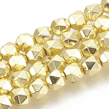 Electroplate Non-magnetic Synthetic Hematite Beads Strands, Star Cut Round Beads, Faceted, Golden Plated, 5x5.5mm, Hole: 1mm, about 67pcs/strand, 15.55 inch