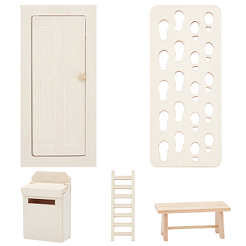 5Pcs 5 Styles Mini Wood Ladder & Letter Box & Tea Table & Fairy Door & Foot Pads, for Dollhouse Accessories, Pretending Prop Decorations, BurlyWood, 45~180x19.5~81x1.5~45mm, 1pc/style