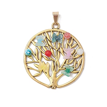 Resin & Lampwork Pendants, with Tibetan Style Alloy Pendants, Flat Round with Tree of Life, Antique Golden, 42.5x38x5mm, Hole: 7x3.5mm
