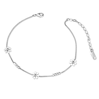 SHEGRACE Titanium Steel Anklets, with Box Chains and Round Beads, Daisy, Platinum, 7-7/8 inch(20cm)